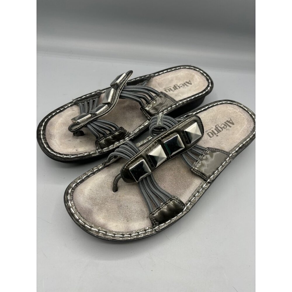 Alegria PIS-123 Womens Leather Thong Sandals Studs Size 40 Silver‎ Black